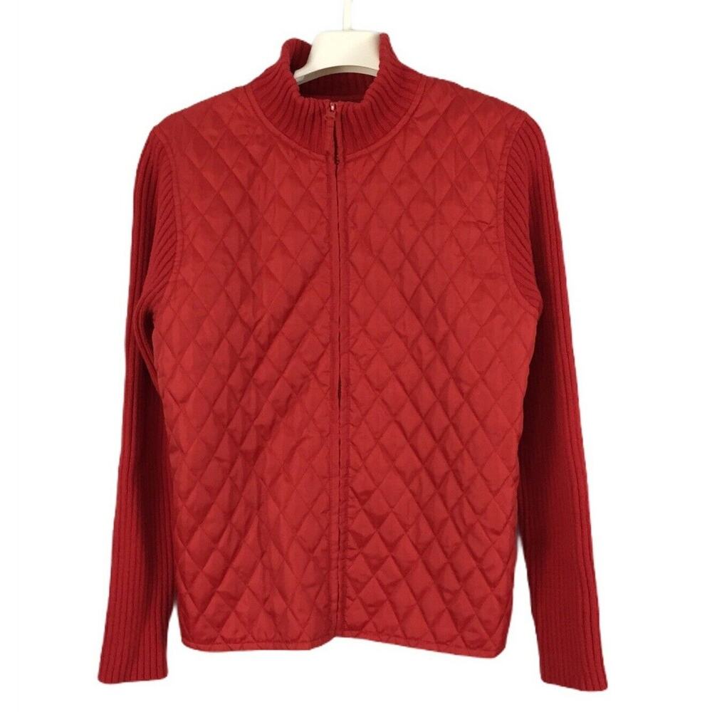 For Cynthia Women's Sweater Jacket Petite Large PL Red Quilted Front Full Zip